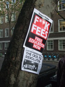 This design was mass produced on placards and posters during the student tuition fee demonstrations in London in 2010.