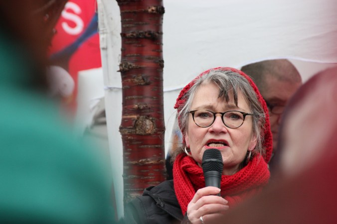 A speaker at Elephant and Castle from the National Union of Teachers.