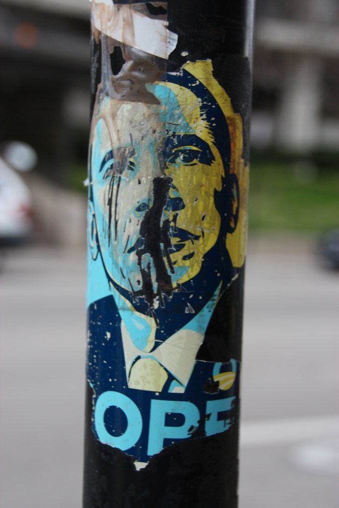 This image of Barack Obama references the Obey theme from the work of street artist Shepard Fairey. It also looks very similar to the iconic poster from Obama's 2008 election campaign, which was also designed by Shepard Fairey.