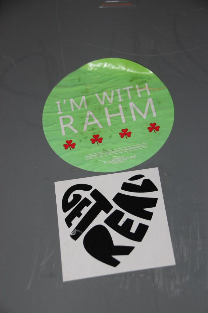 Many of the stickers were about local issues. Such as this sticker promoting mayoral candidate Emanuel Rahm, who I assuming has an Irish background because of the clovers.