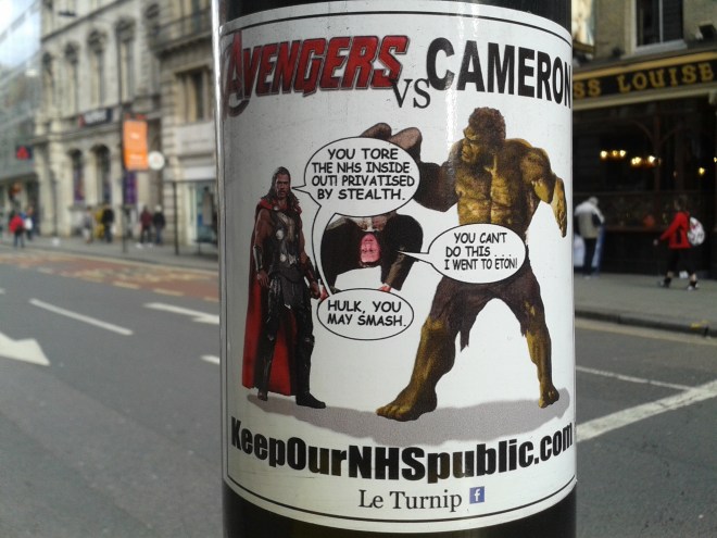 This sticker, along with the next one, rank amongst my favourite stickers come across so far in London. Avengers: Age of Ultron was released in UK cinemas on the 23rd of April, so the reference is topical as well as humorous. (New Oxford Street, Holborn, 03/05/15). 