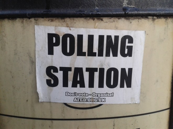 This sticker, by the Anarchist Federation, is also calling for people not to vote, although I'm sure the motive was very different. This sticker was located on a bin, which might have been an attempt to equate voting with rubbish. Or it might have been a coincidence (Camden High Street, 20/05/15).
