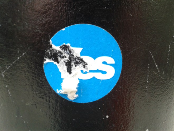 This sticker refers to an entirely different vote, although the issue of Scottish independence was still an important one during the election campaign. This sticker is from the Yes Campaign, that argued for Scottish independence during the referendum in 2014 (Malet Street, Bloomsbury, 17/04/15).