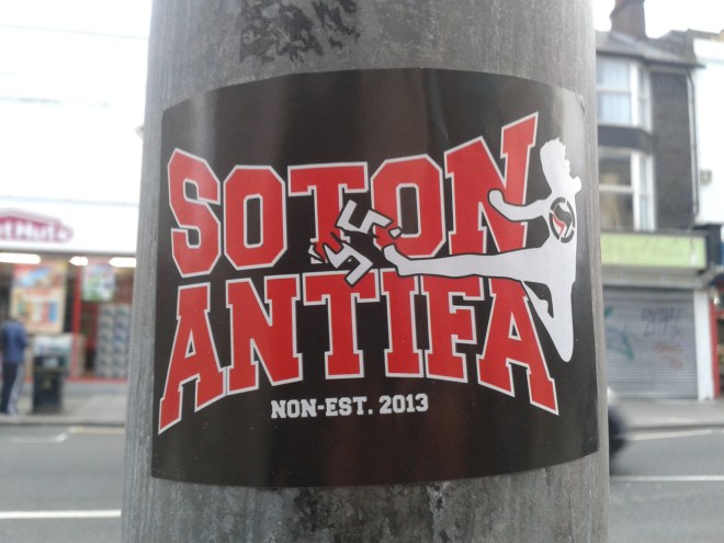 The March for England events draw participants and opponents from elsewhere to Brighton.  This stickers comes from Southampton, a city along the coast to the  west.