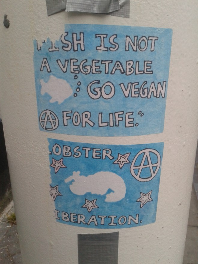 The location of stickers can sometimes be important. These stickers were on the entrance to the London Road open market, which has fish stalls. 