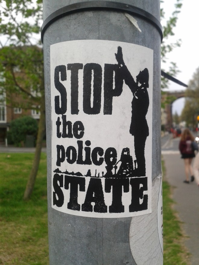 Many of the issues protested in London Road stickers are similar to those in London. This striking sticker criticises the reliance of the state on police forces. Brighton generally has an anti-authoritarian vibe.