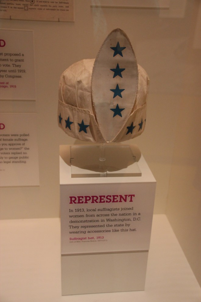 A hot worn by Illinois suffragists at a national march in Washington DC in 1913 in the Facing Freedom Exhibition.