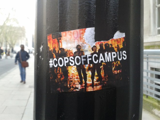 There has been a lot of controversy over the pat few years over the policing of student protest. This sticker refers to a campaign to ban police from university campuses (Malet Street, Bloomsbury, 17/03/15).