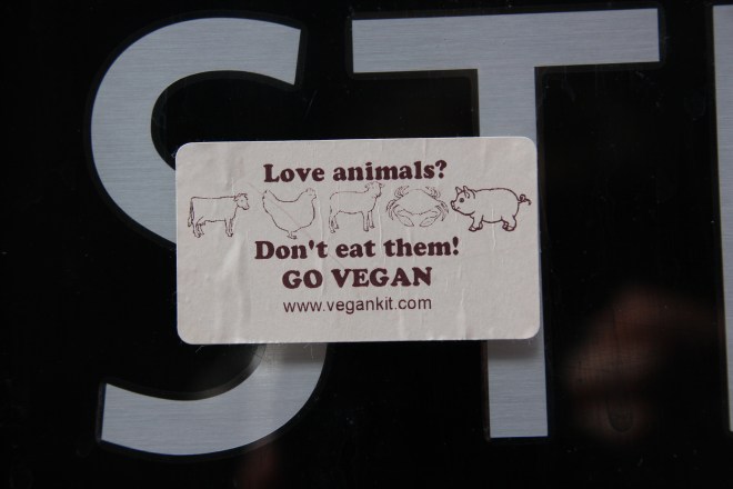 Animal rights was one of the most common themes of stickers that I found. 