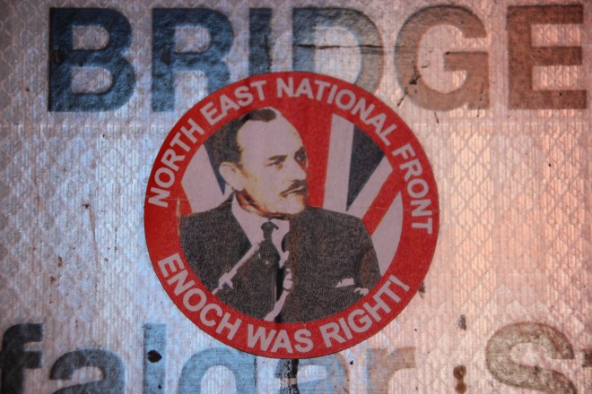Not every group that puts up stickers in Newcastle is left-wing. This sticker from the North East National Front references Enoch Powell, an anti-immigrant politician to made the famous 'rivers of blood' speech in 1968.