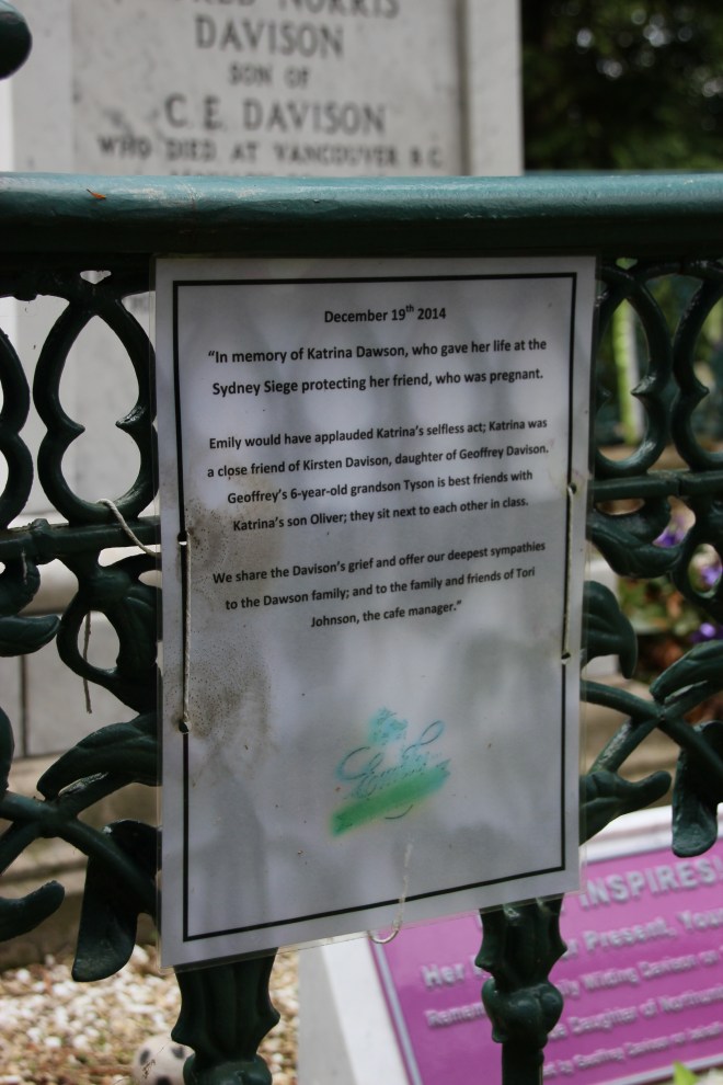 One of the most recent unofficial messages left at the gravesite made a connection between Emily and the actions of a woman killed in the 2014 'Sydney Siege.'