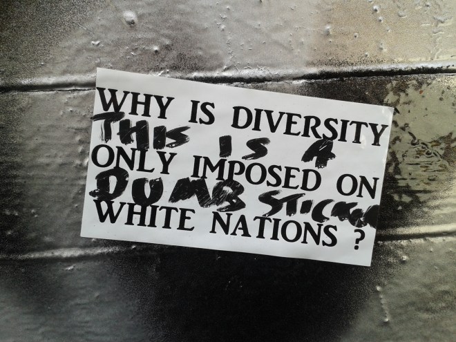 This sticker in Brick Lane questions who only white nations (allegedly) have to live up to standards of diversity. Someone else has used a marker pen to make their opinion on that perspective very clear (17/04/15).