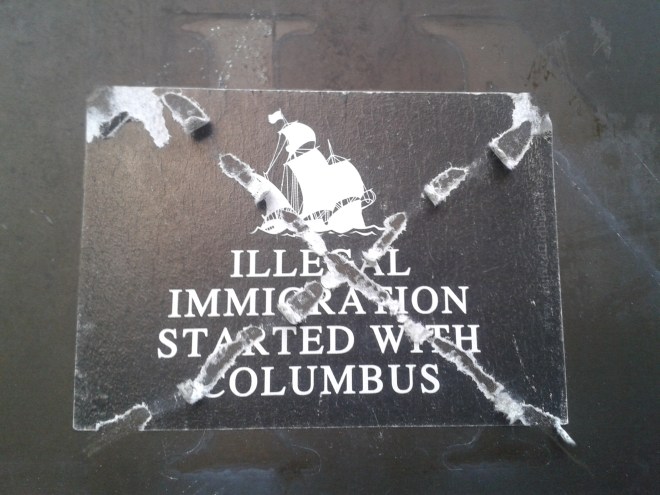 This sticker, which attempts to complicate the definition of illegal immigration, is another sticker which I have seen all over the city. This particular example, outside the Inner London Crown Court in Southwark, has had a cross scratched through it, perhaps because someone disagreed with the message (18/06/15).