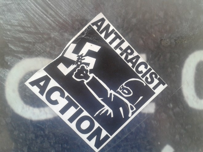 Anti-racist stickers have been a relatively common sight in London since at least before I started looking for them (Elephant and Castle, 25/06/15).