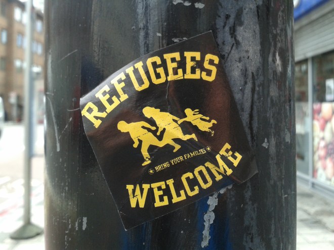 The design from the poster above has become a common sight on stickers, posters and banners. This picture was taken in Borough High Street on 29/05/15.