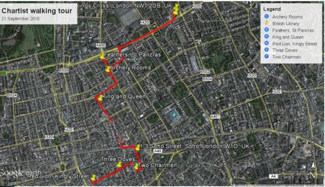 Following the Chartists around London walking tour route (Source: Katrina Navickas).