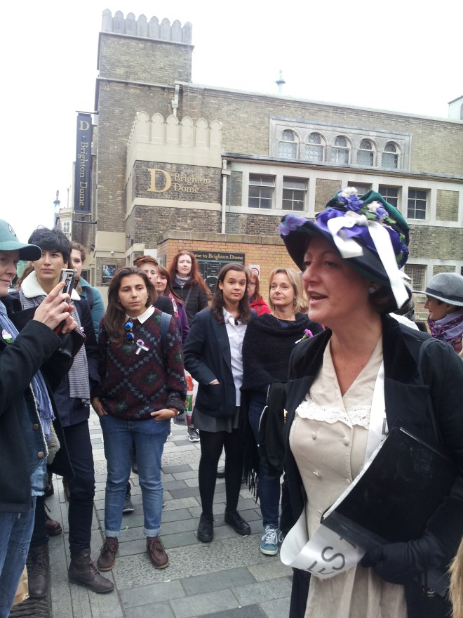 Karen Antoni outside the Brighton Dome. Two suffragettes, Eva Bourne and Mary Leigh, once tried to sneak into a meeting by hiding in the organ overnight. They were discovered because the organ was so dusty that it made them sneeze (Photo: Hannah Awcock)